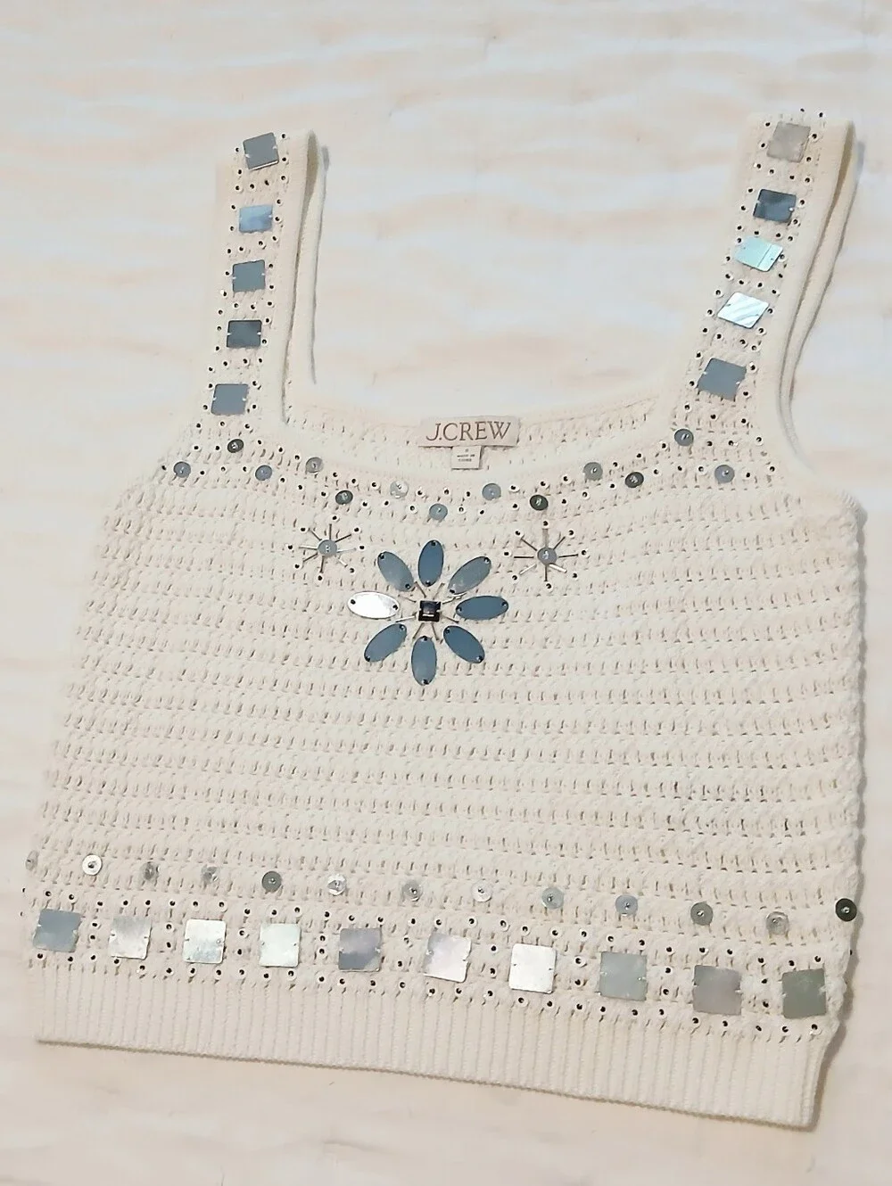 NWOT J.Crew White Embellished Crochet Sweater Tank